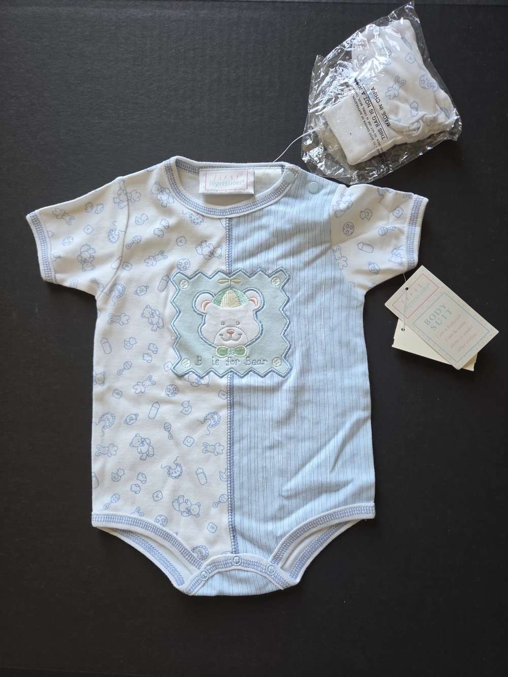 First Impressions Blue and White Bear Applique Bodysuit NWT